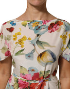 White Floral Print Silk Sheath LongGown Dress