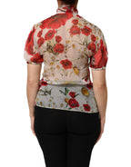 White Floral Tie-Neck Poppy Print Blouse Top