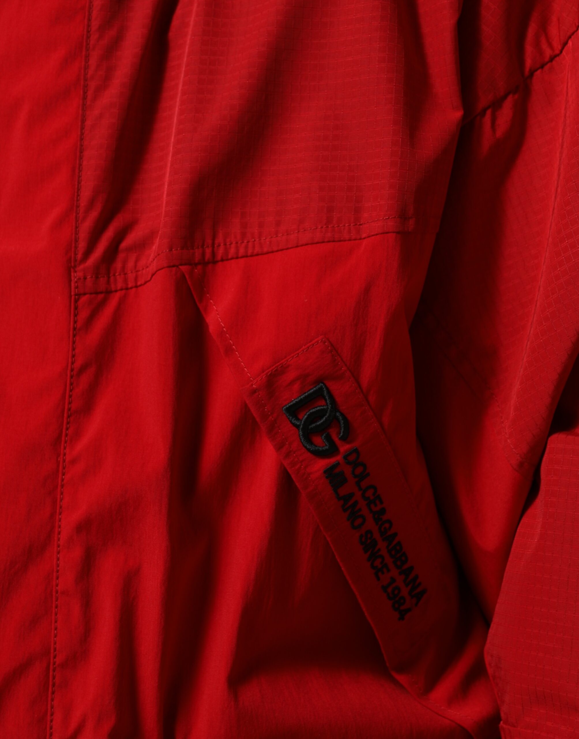 Red Nylon Hooded Men Full Zip Parka Jacket