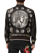 Black "Monete" Coin Print Silk Bomber Jacket
