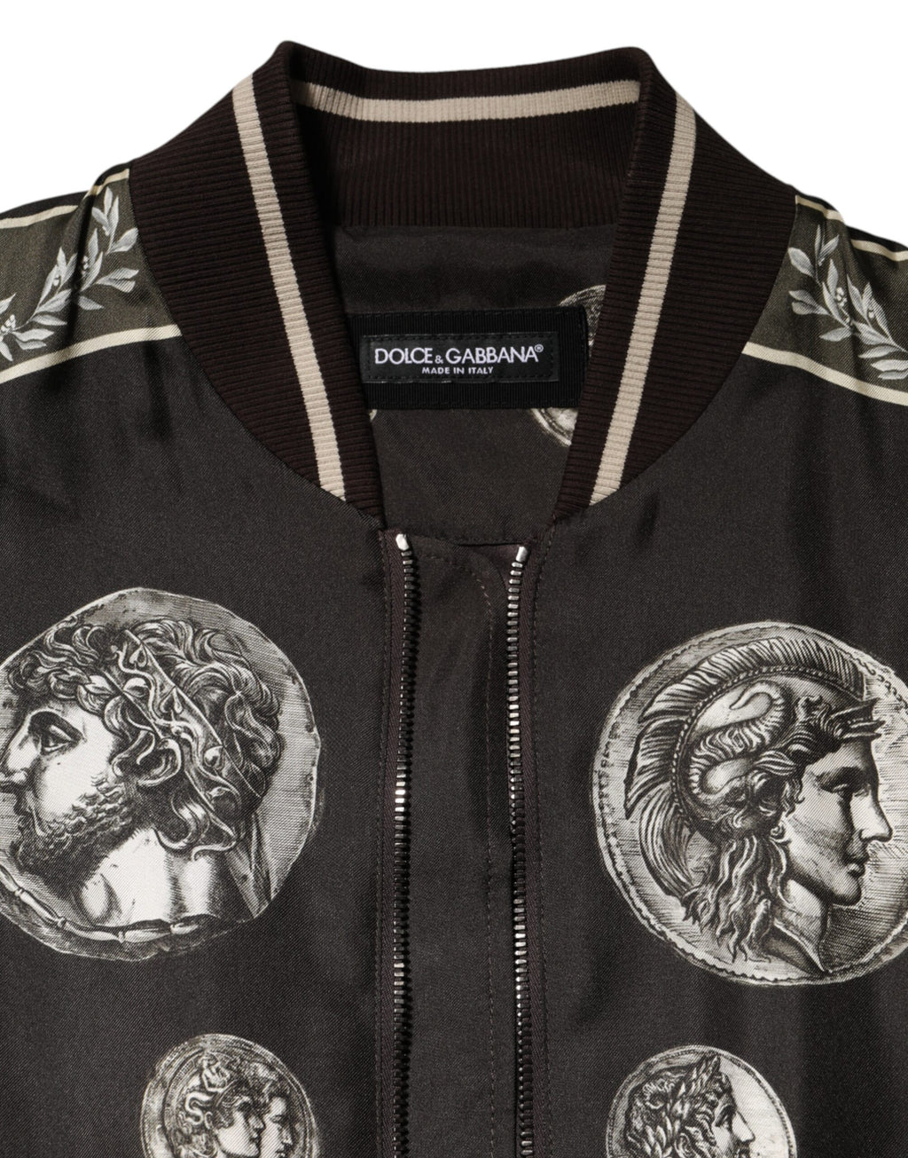 Black "Monete" Coin Print Silk Bomber Jacket