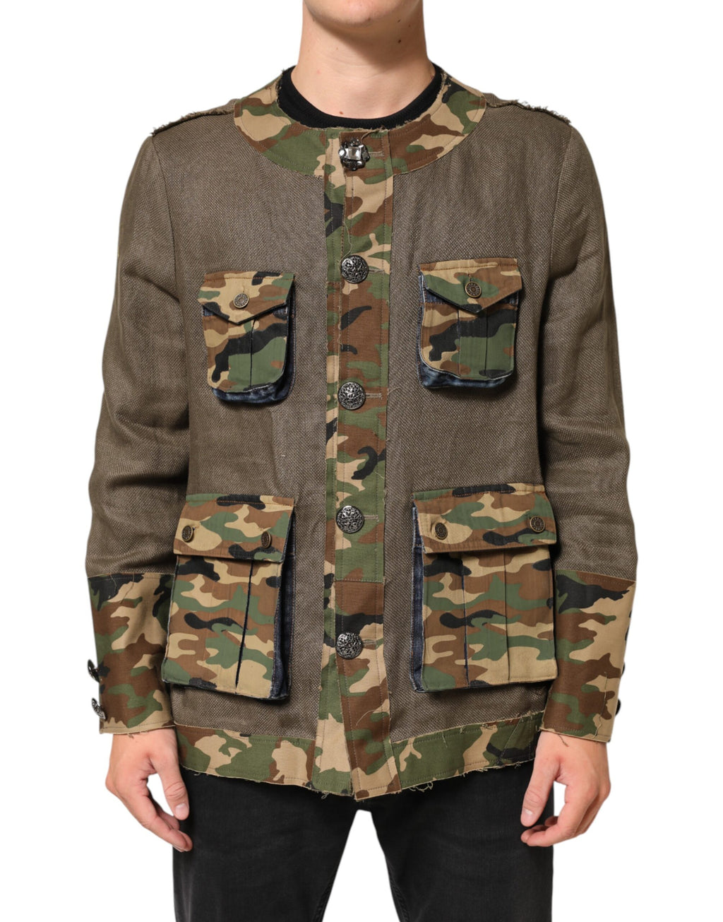 Brown Camouflage Linen Button Down Jacket