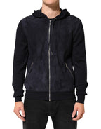 Black Leather Full Zip Hooded Blouson Jacket