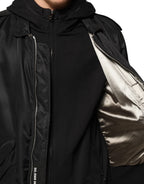 Black Cotton Hooded Full Zip Bomber Jacket