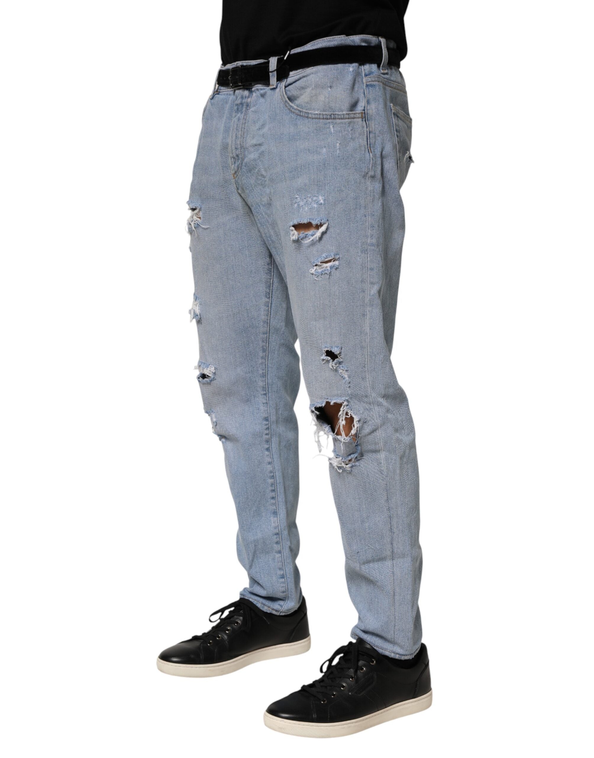 Blue Cotton Distressed Slim Fit Denim Jeans