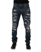 Blue Tattered Cotton Skinny Men Denim Jeans