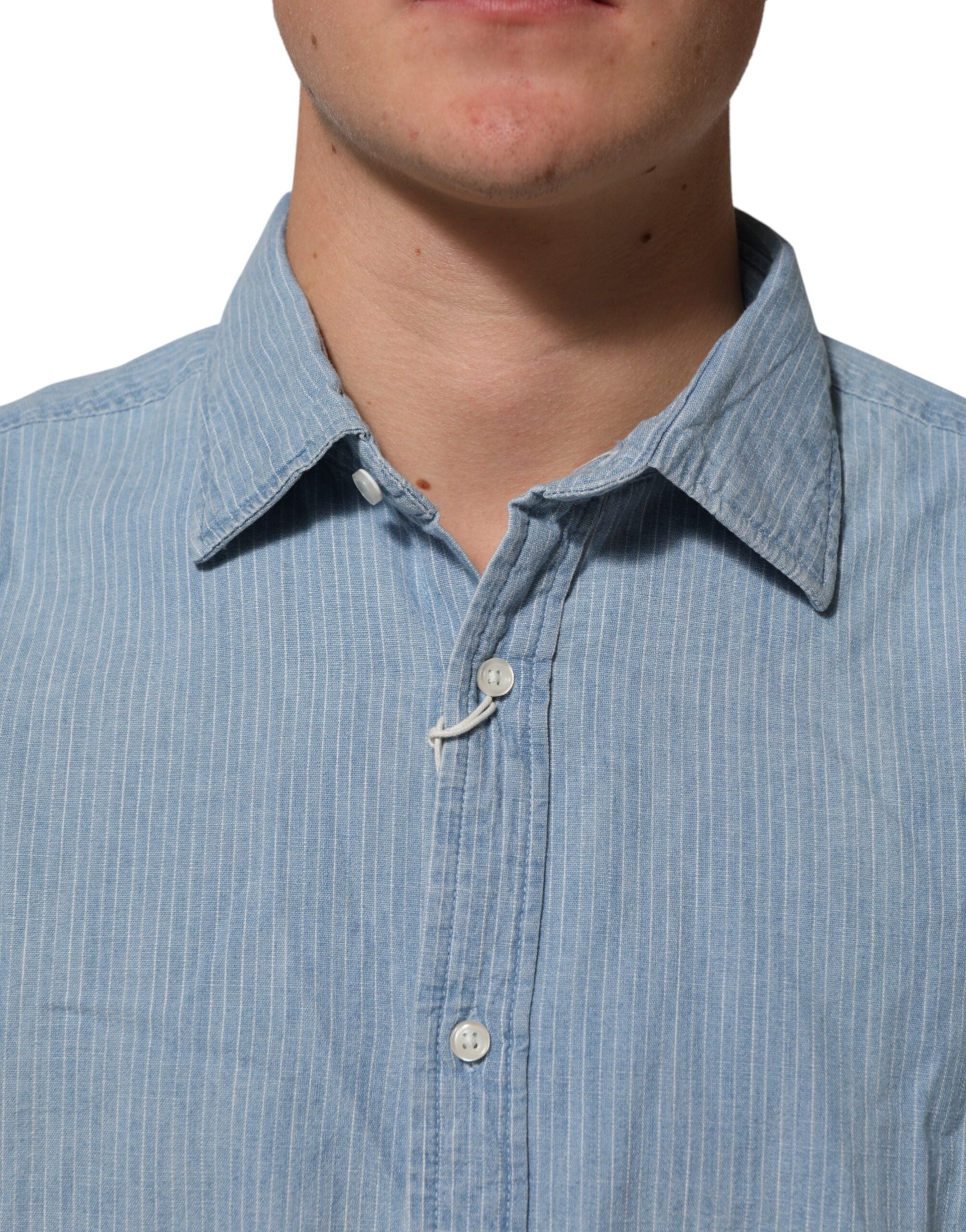 Blue Denim Regular Fit Collared Long Sleeve Men Shirt