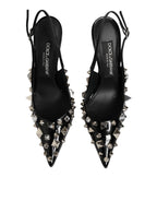 Black Studded Leather Heels Slingbacks Shoes