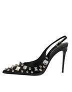 Black Studded Leather Heels Slingbacks Shoes