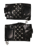Black Leather Studded Fingerless Hand Mitten Men Gloves