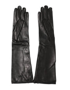 Black Leather Embellished Long Mitten Gloves
