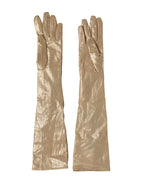 Beige Satin Crystal Elbow Length Mitten Gloves