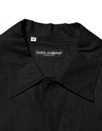 Black Linen Collared Short Sleeve Polo Shirt