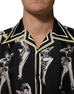 Black Silk Pin Up Printed Button Down Shirt