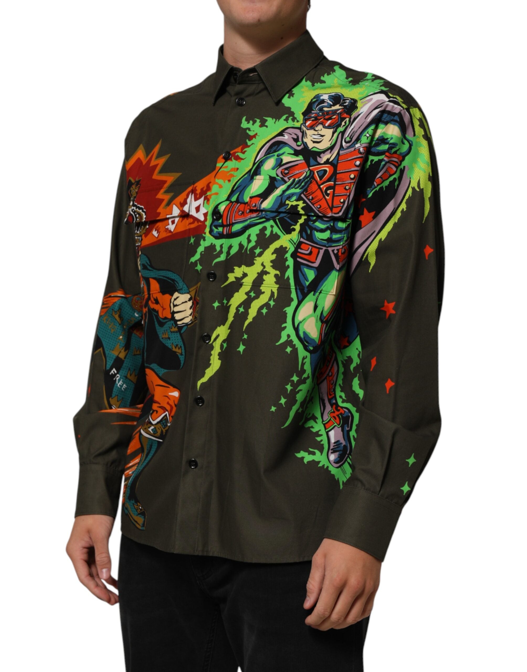 Green Superhero Print Button Down Shirt