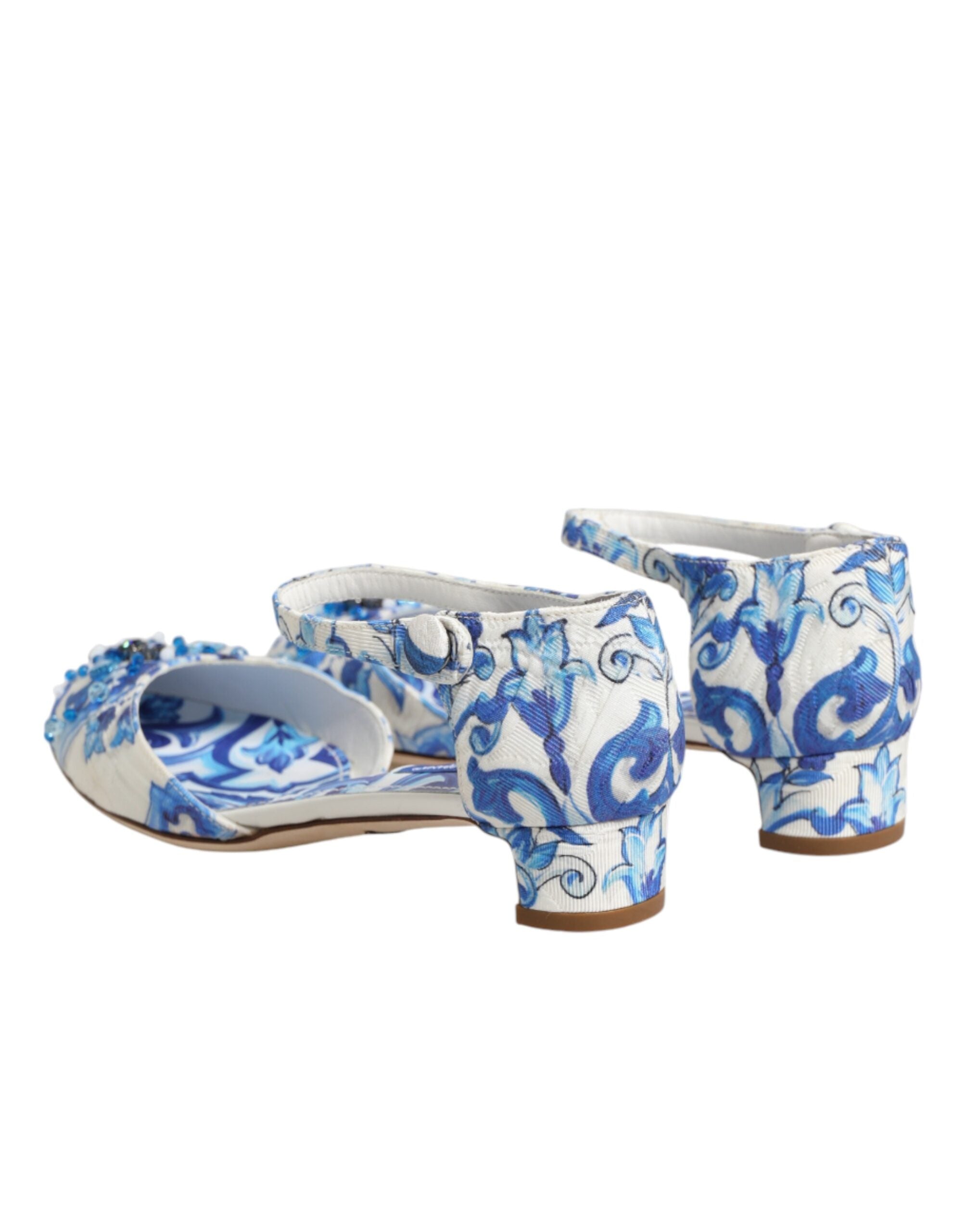 White Blue Floral Crystal Ankle Straps Shoes