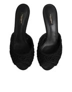 Black Embroidered Slip On Heels Slides Shoes