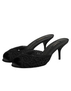 Black Embroidered Slip On Heels Slides Shoes