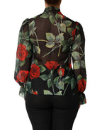 Black Floral Long Sleeves Silk Blouse Top