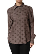 Brown Collared Long Sleeves Logo Shirt Top