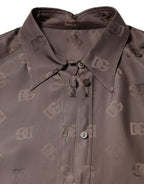 Brown Collared Long Sleeves Logo Shirt Top