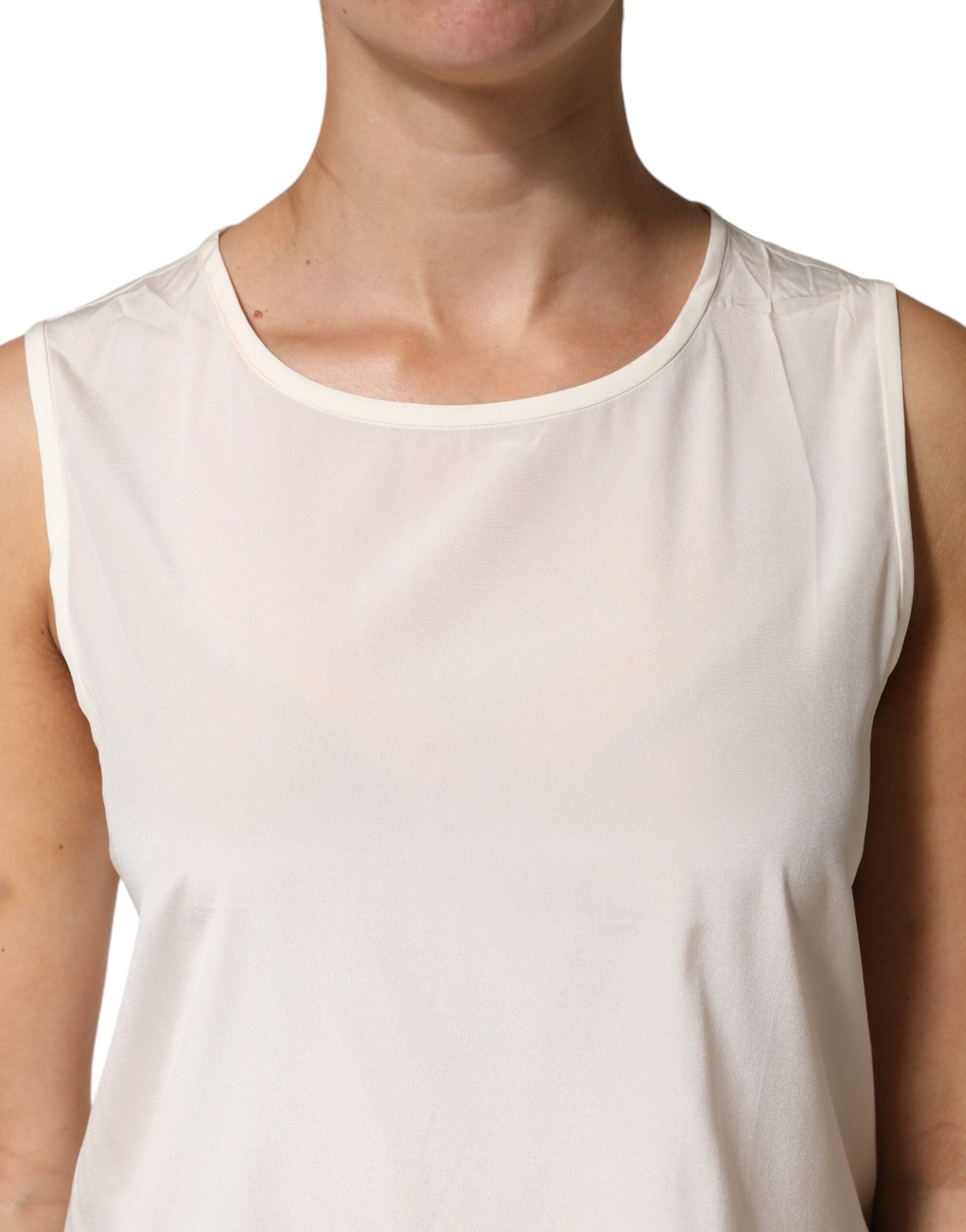 Off White Silk Stretch Roundneck Sleeveless Tank Top