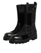 Black Patchwork Leather Mid Calf Boot  Shoes