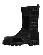 Black Patchwork Leather Mid Calf Boot  Shoes