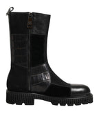 Black Patchwork Leather Mid Calf Boot  Shoes