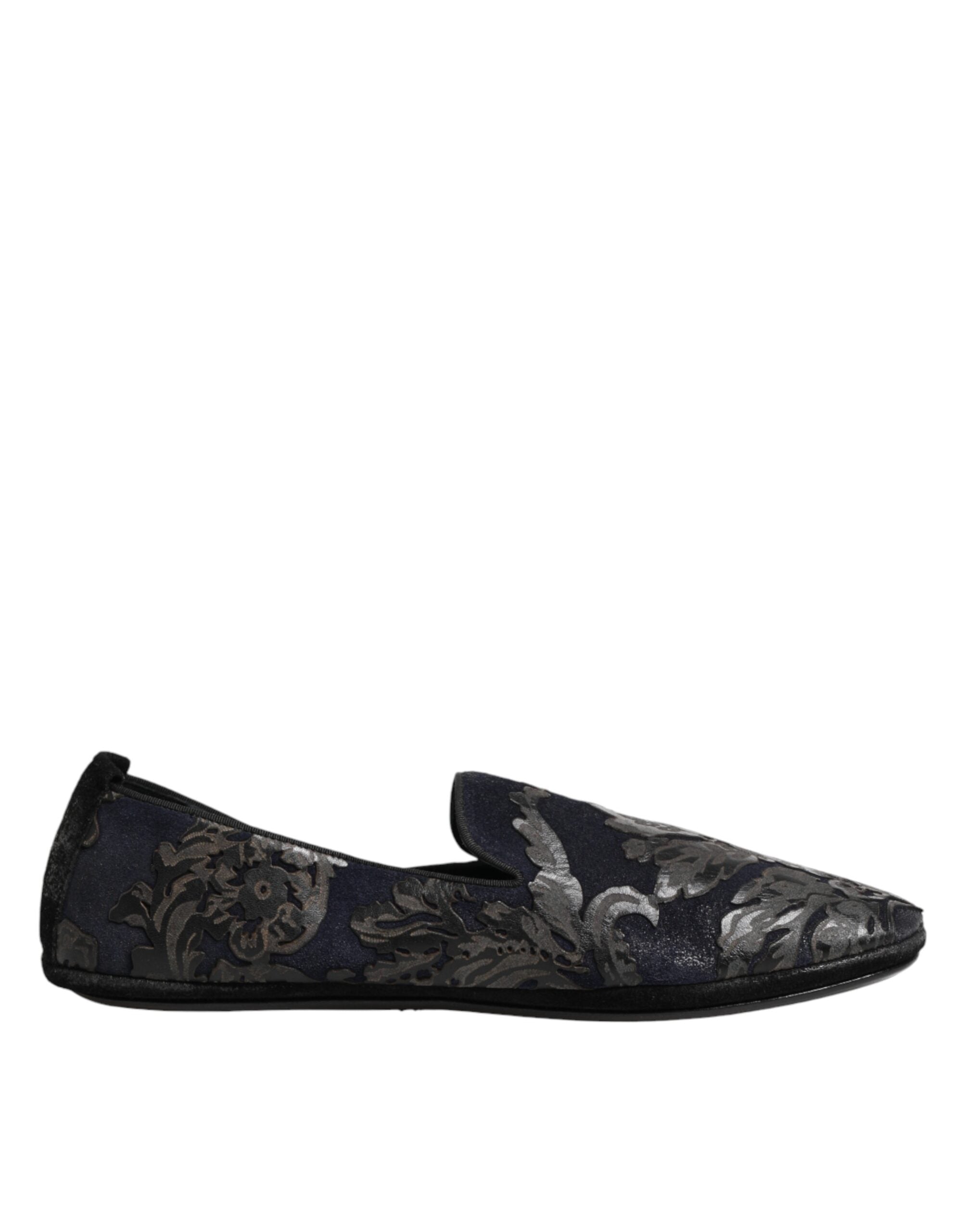 Black Jacquard Leather Slip On Loafers Shoes