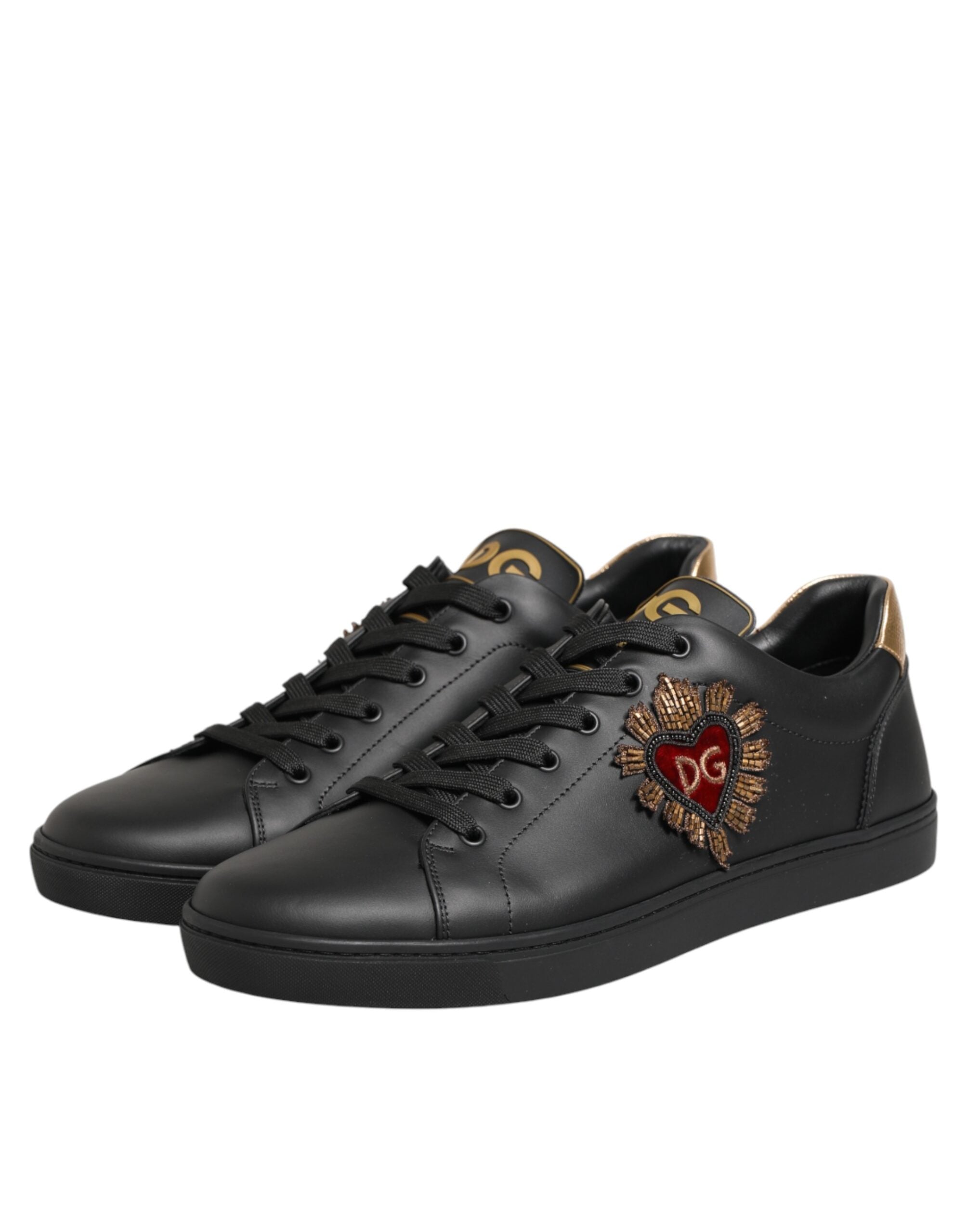 Black Leather Heart Embellished Sneakers Shoes