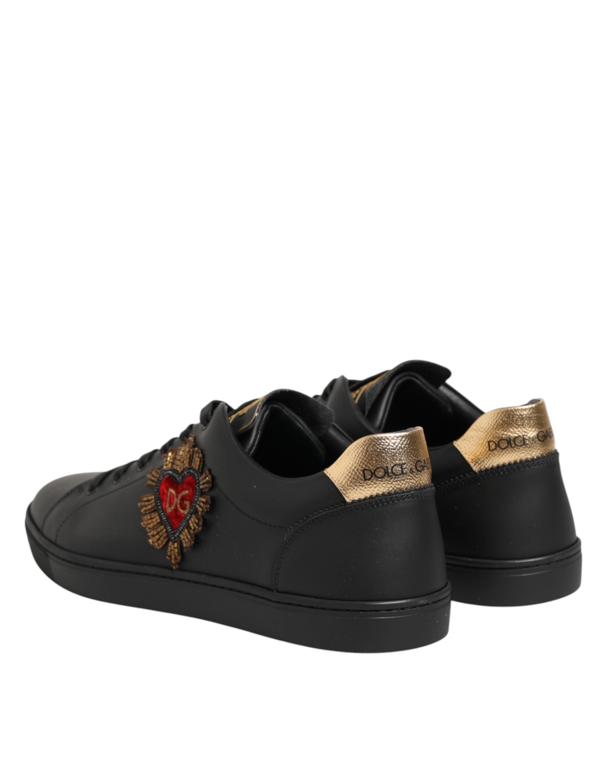 Black Leather Heart Embellished Sneakers Shoes