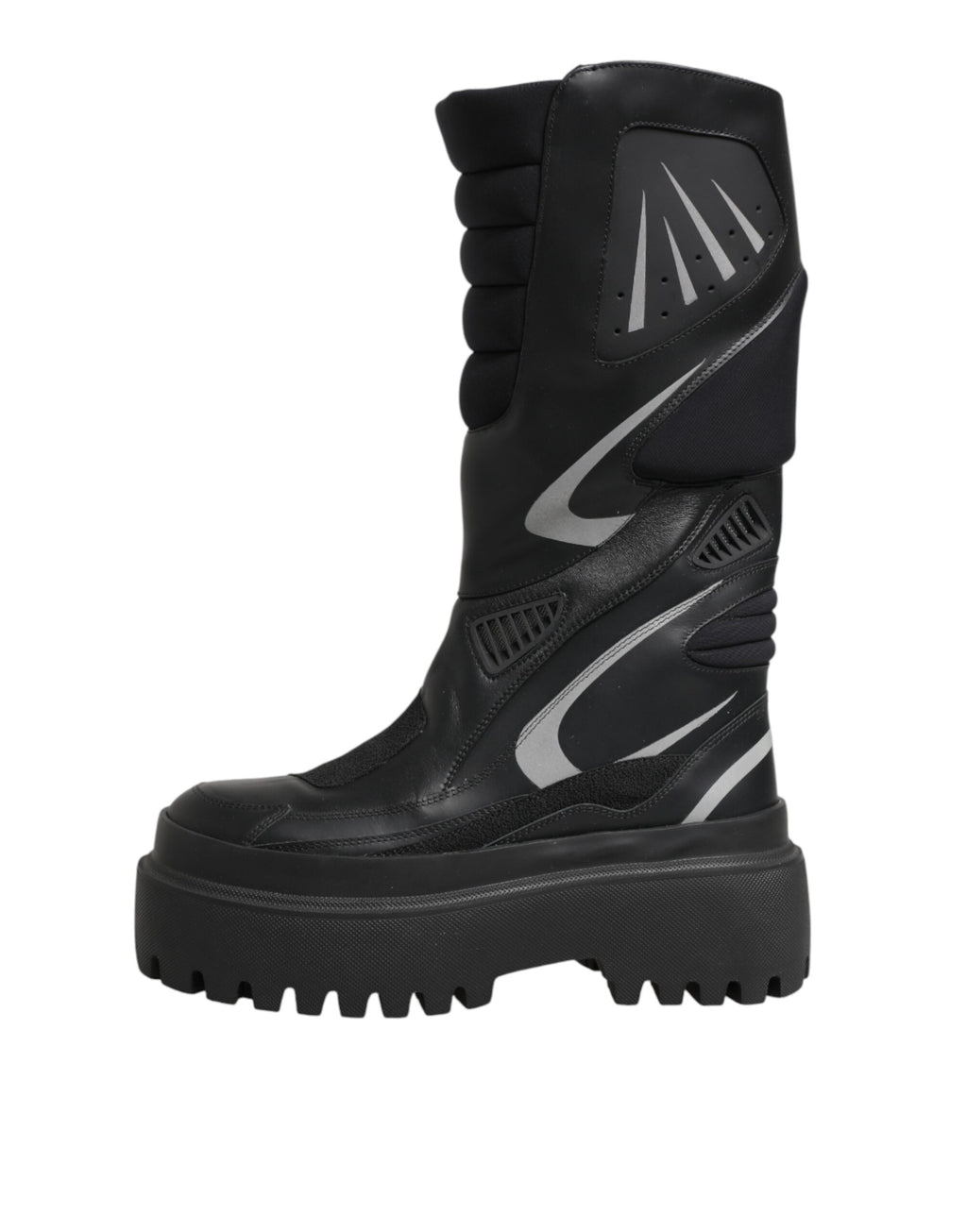 Black Leather Mid Calf Biker Boots Shoes
