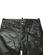Black Full Grain Leather Mid Waist Trouser Pants