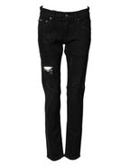 Black Tattered Cotton Men Skinny Denim Jeans