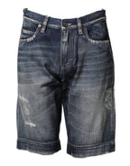 Blue Cotton Distressed Denim Bermuda Shorts