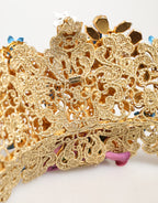 Gold Brass Crystal Floral Hortensia Crown Headband Tiara