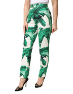 White Green Leaf High Waist Trousers Pants