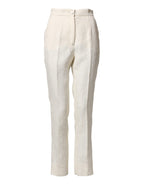 White Cotton Floral Brocade Dress Pants