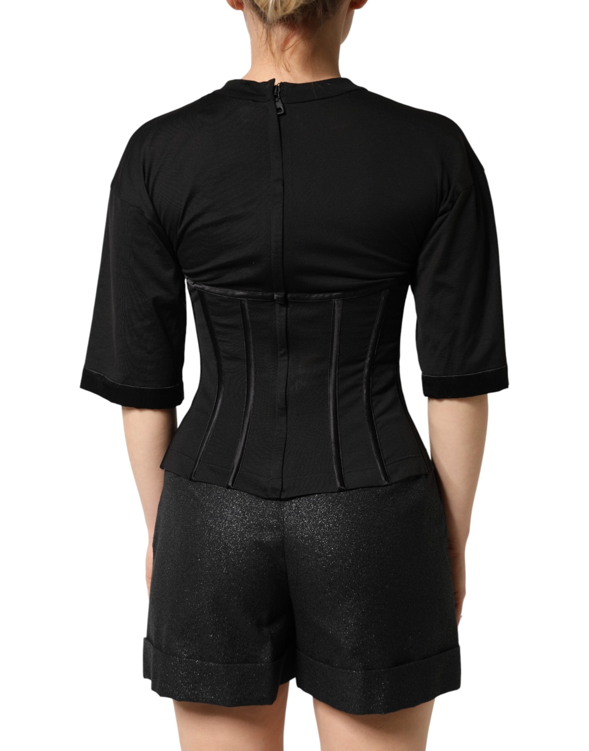 Black Cotton Bustier Corset Short Sleeves T-shirt