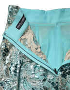 Blue Floral Brocade High Waist Mini Skirt