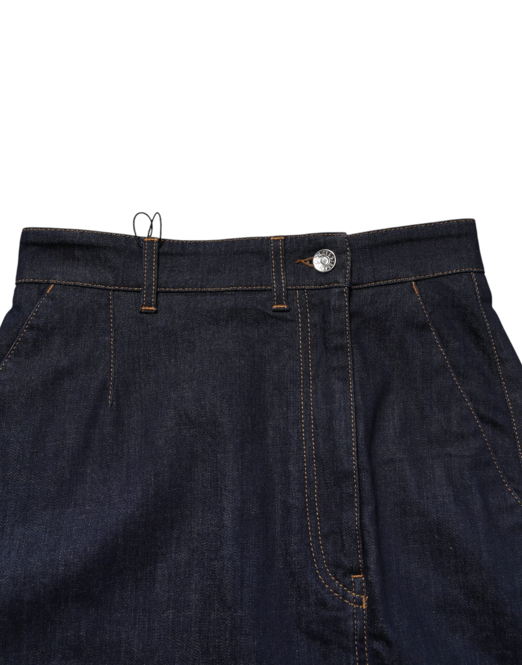 Dark Blue Cotton A-line Denim Midi Skirt