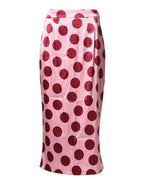 Pink Polka Dot Silk Pencil Cut Midi Skirt