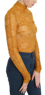 Mustard Turtle Neck Long Sleeve Lace Top Blouse