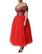 Red Floral Off Shoulder A-line Gown Dress