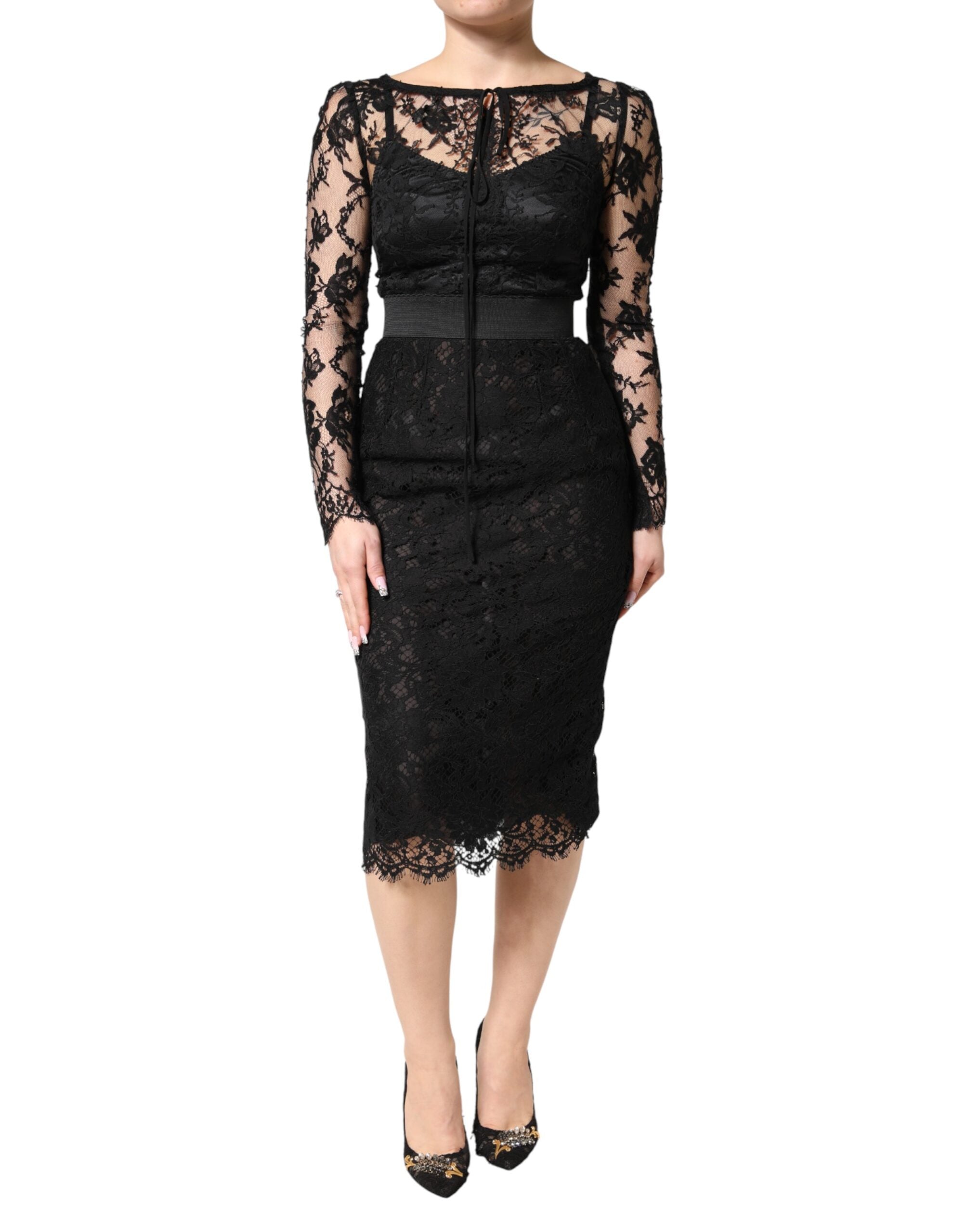 Black Lace Trim Cotton Sheath Midi Dress