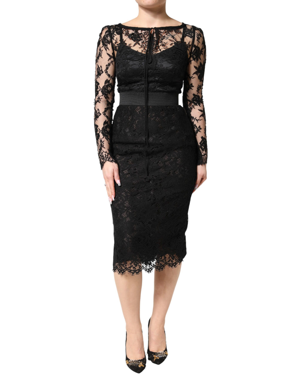 Black Lace Trim Cotton Sheath Midi Dress
