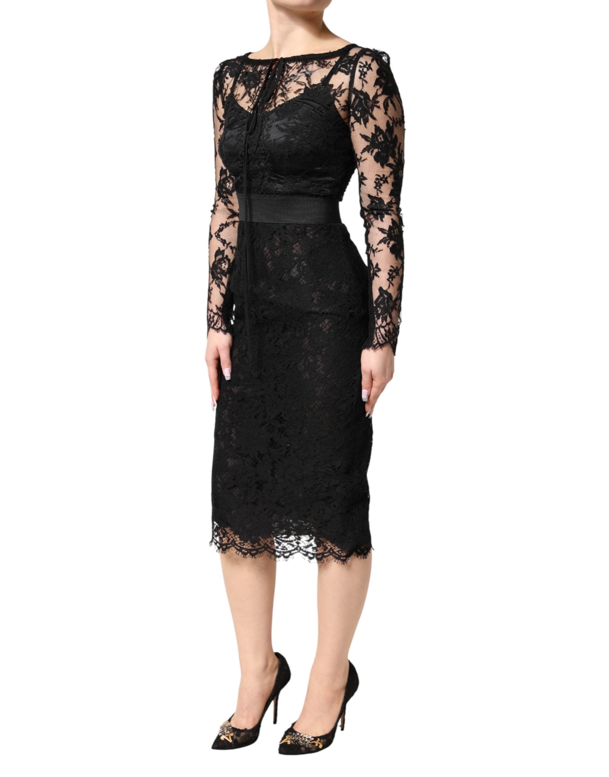 Black Lace Trim Cotton Sheath Midi Dress