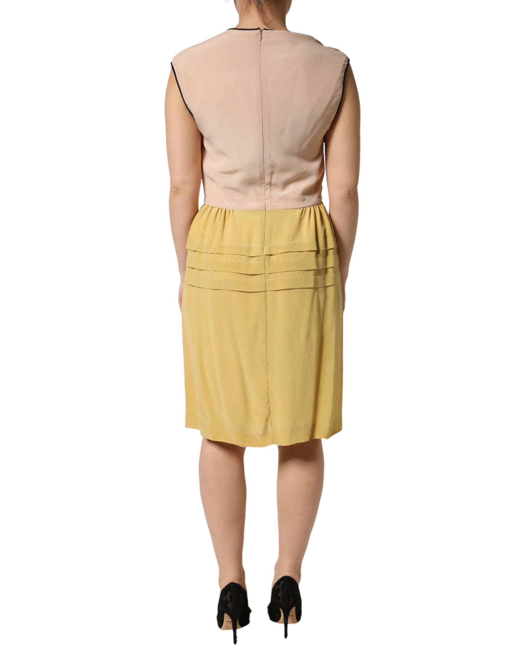 Multicolor Silk Deep V-neck Sleeveless Knee Length Dress