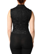 Black Lace V-neck Slit Hem Gathered Waist Vest Jacket
